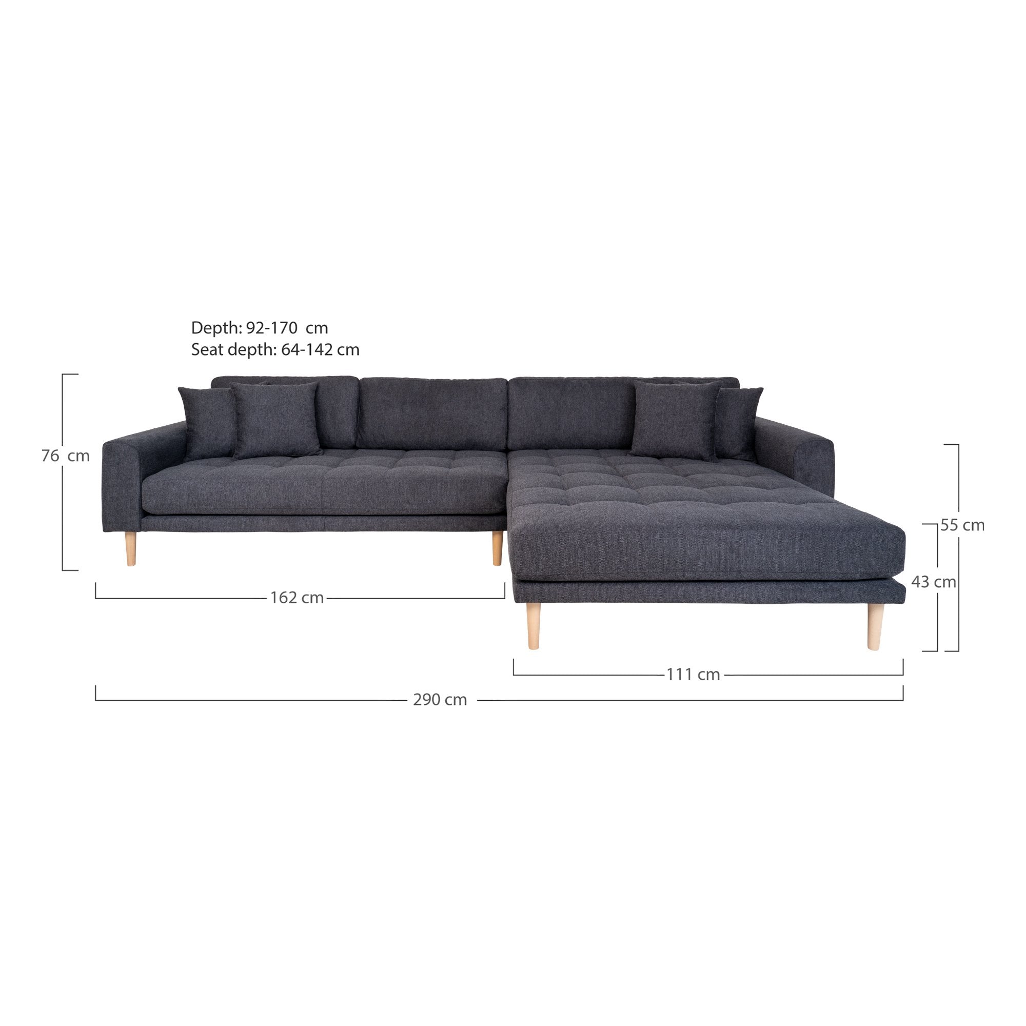 Lido Lounge Sofa - Lounge Sofa, Højrevendt I Mørkegrå Med Fire Puder Og Natur Træben, Hn1045 ⎮ 5713917026012 ⎮ 1301602 