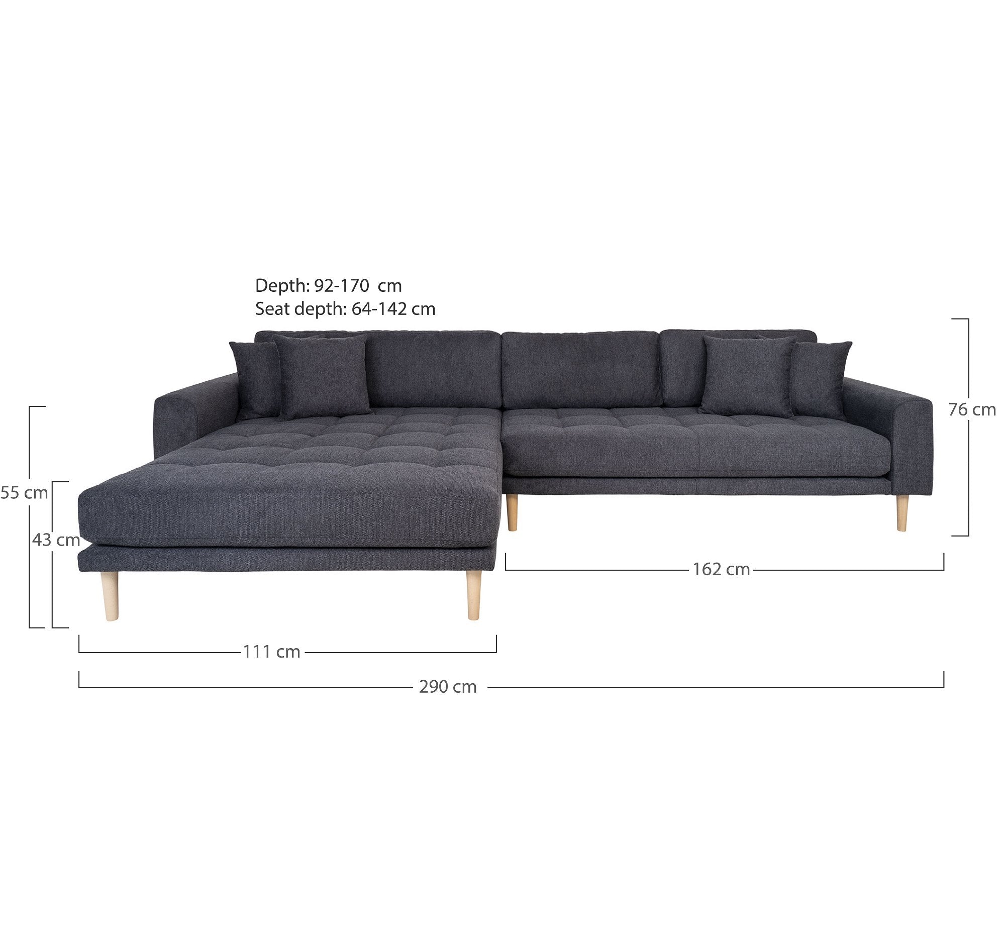 Lido Lounge Sofa - Lounge Sofa, Venstrevendt I Mørkegrå Med Fire Puder Og Natur Træben, Hn1045 ⎮ 5713917026043 ⎮ 1301603 