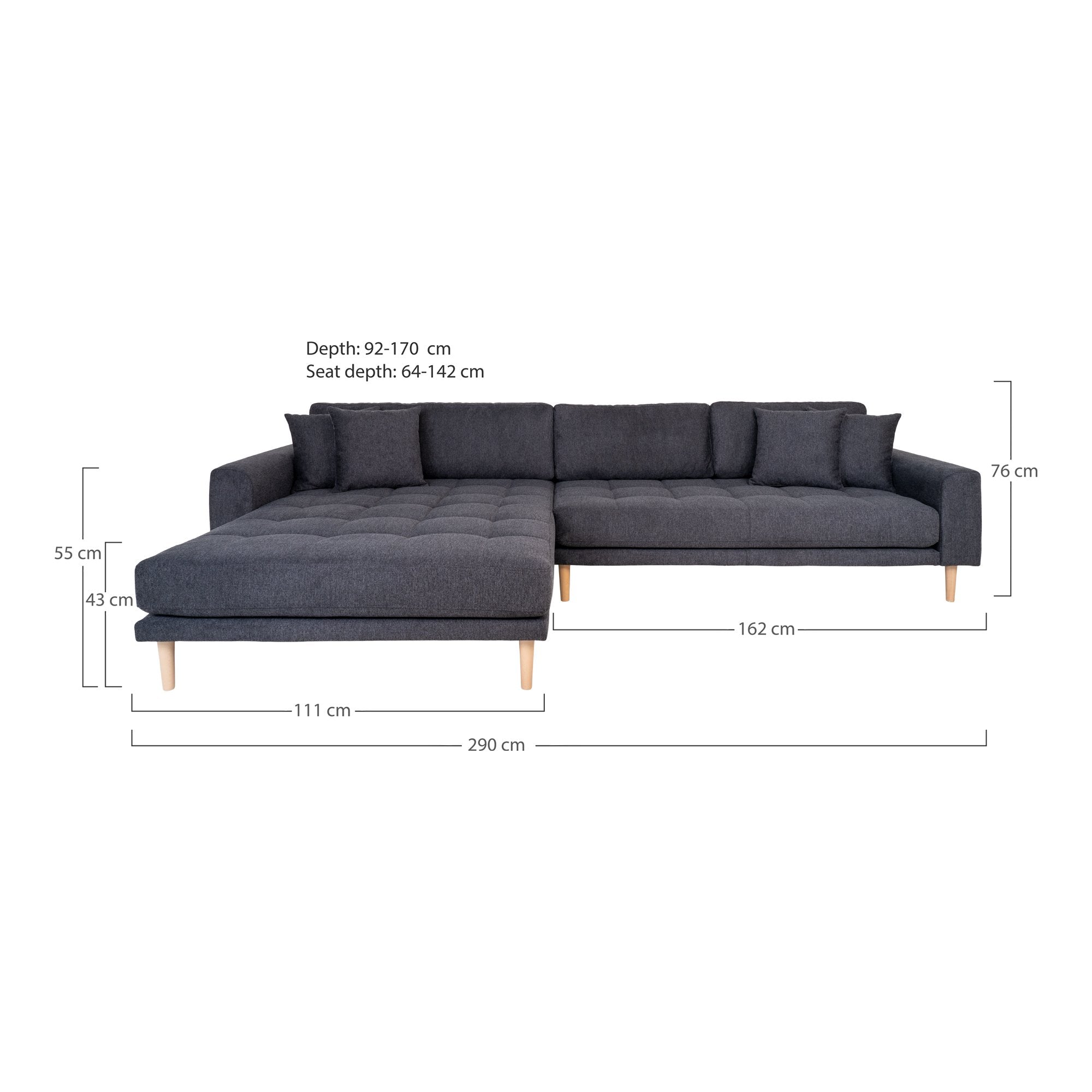 Lido Lounge Sofa - Lounge Sofa, Venstrevendt I Mørkegrå Med Fire Puder Og Natur Træben, Hn1045 ⎮ 5713917026043 ⎮ 1301603 