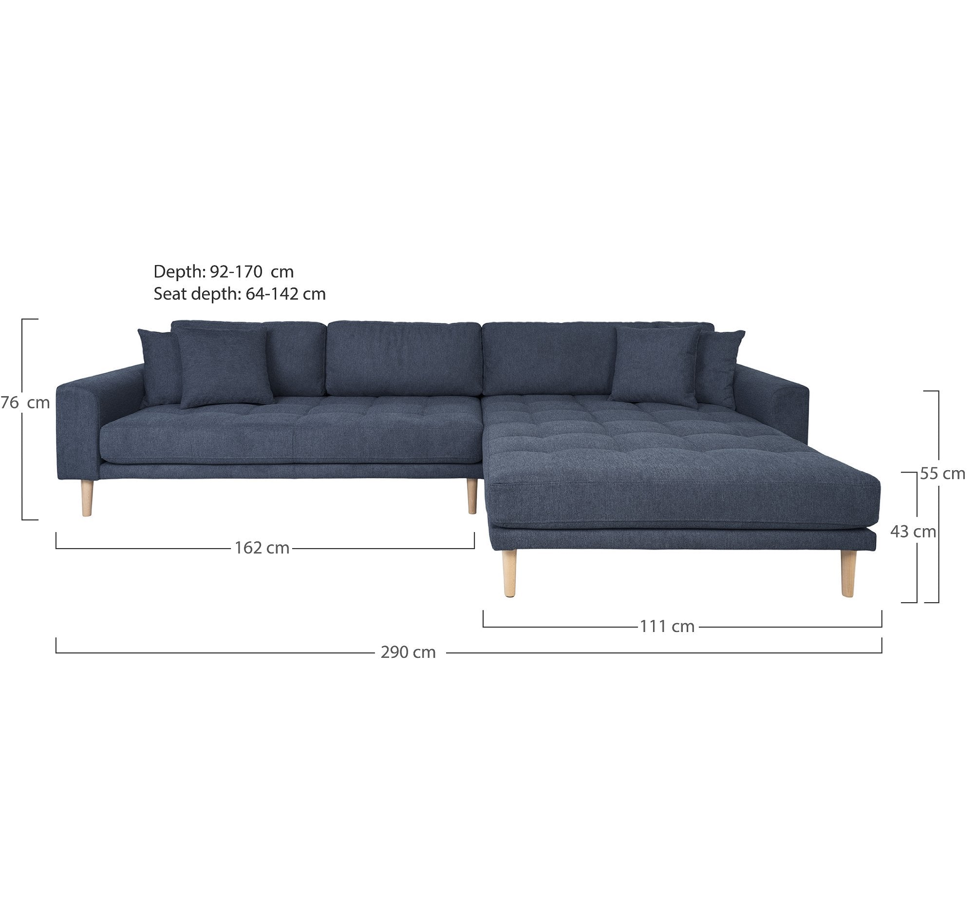 Lido Lounge Sofa - Lounge Sofa, Højrevendt I Mørkeblå Med Fire Puder Og Natur Træben, Hn1035 ⎮ 5713917026081 ⎮ 1301604 