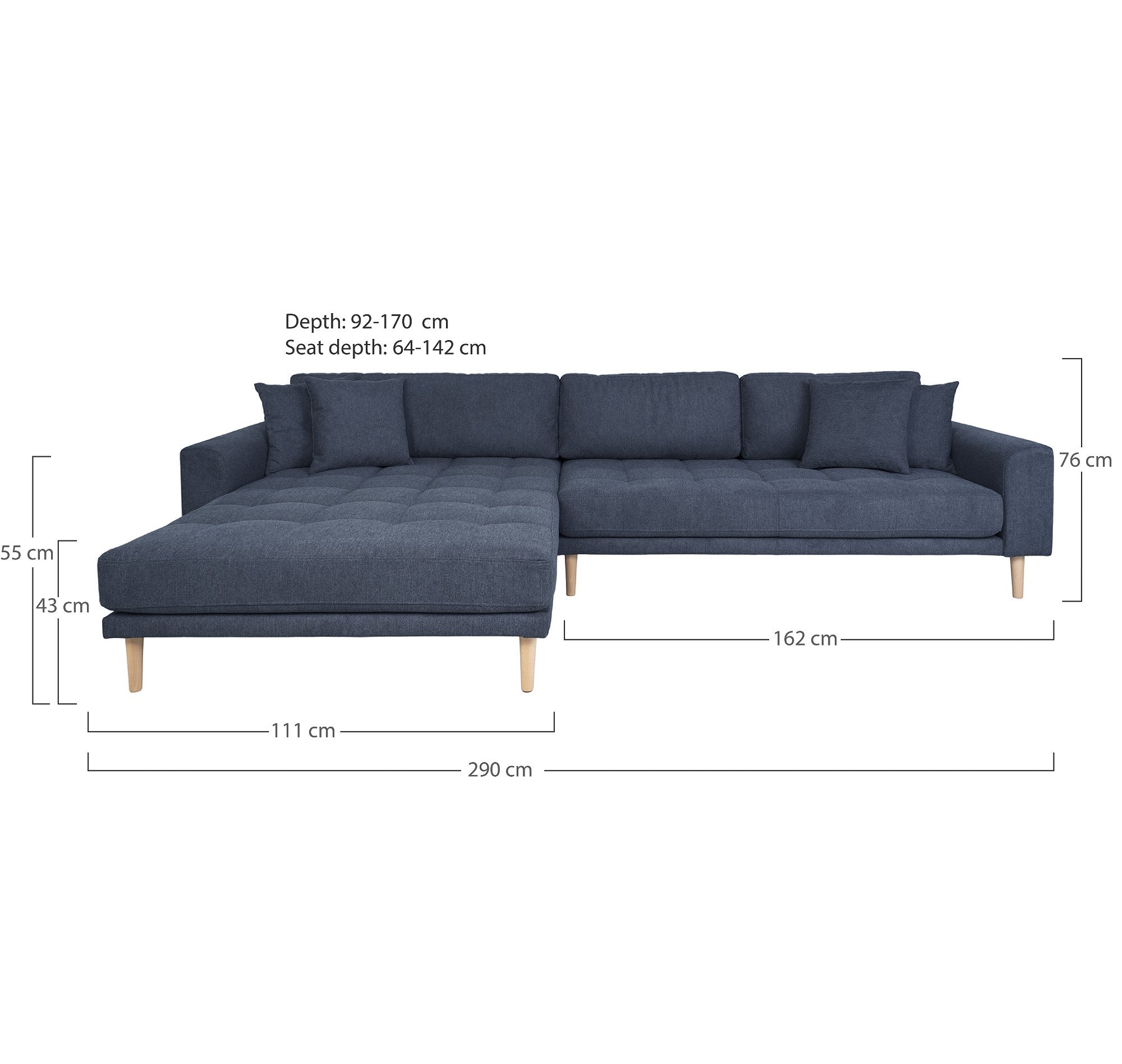 Lido Lounge Sofa - Lounge Sofa, Venstrevendt I Mørkeblå Med Fire Puder Og Natur Træben, Hn1035 ⎮ 5713917026388 ⎮ 1301605 