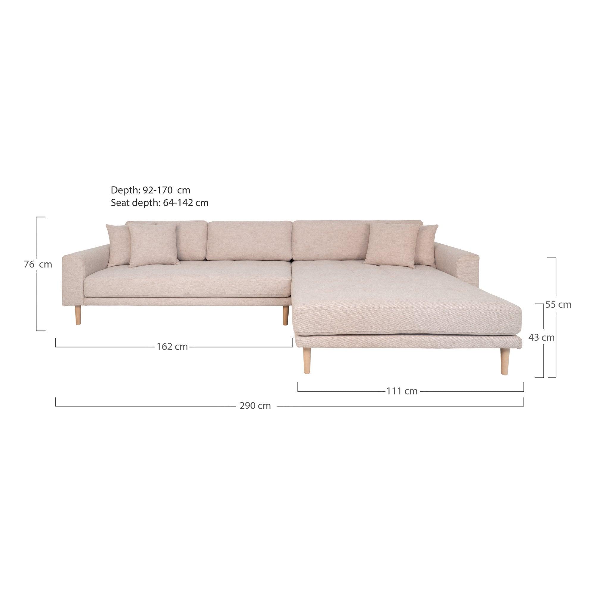 Lido Lounge Sofa - Lounge Sofa, Højrevendt I Sand Med Fire Puder Og Natur Træben, Hn1050 ⎮ 5713917026708 ⎮ 1301606 