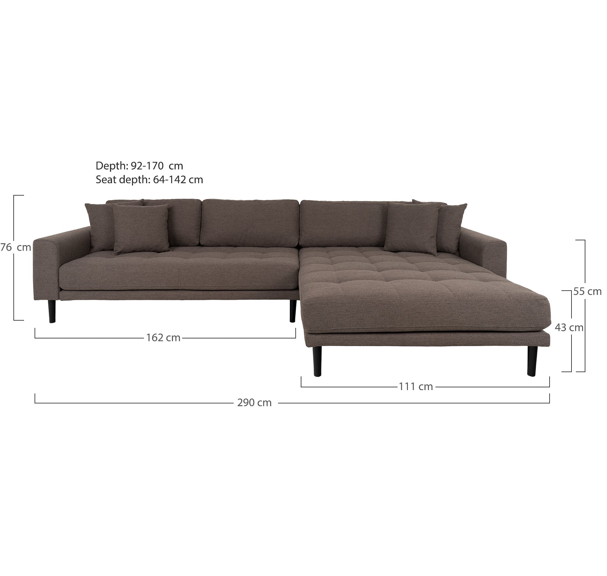 Lido Lounge Sofa - Lido Lounge Sofa, Højrevendt I Brun Med Fire Puder Og Sorte Træben, Hn1055 ⎮ 5713917025909 ⎮ 1301608 