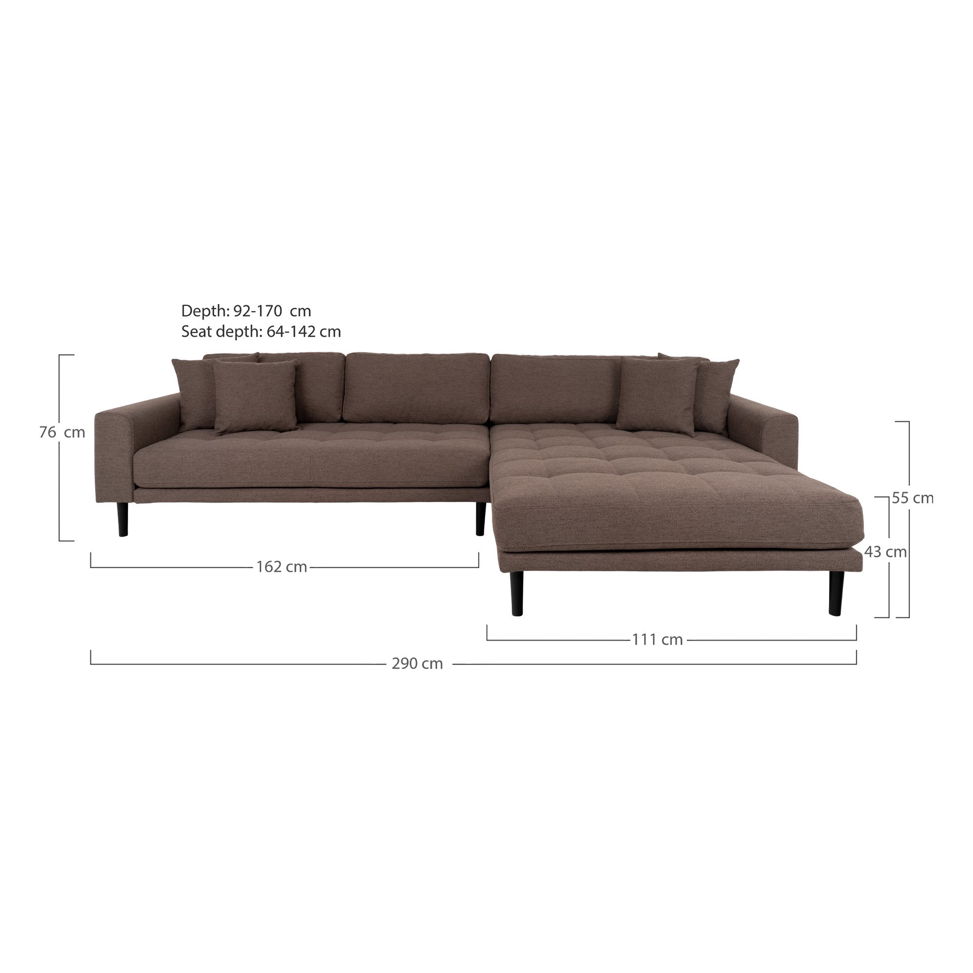 Lido Lounge Sofa - Lido Lounge Sofa, Højrevendt I Brun Med Fire Puder Og Sorte Træben, Hn1055 ⎮ 5713917025909 ⎮ 1301608 