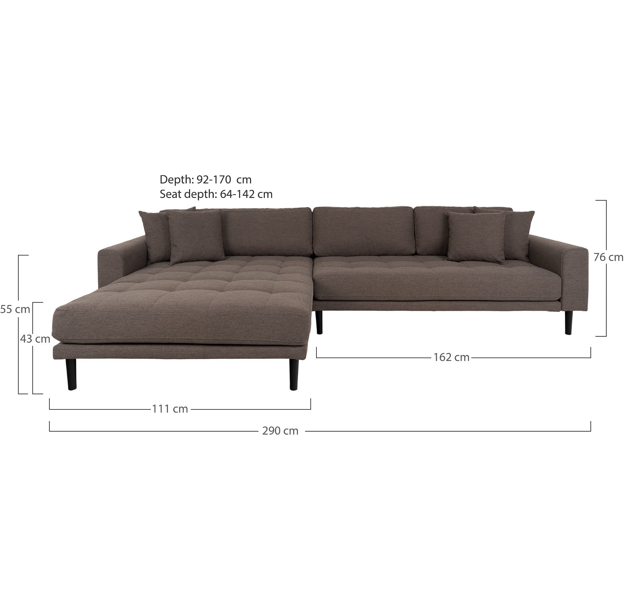 Lido Lounge Sofa - Lounge Sofa,  Venstrevendt I Brun Med Fire Puder Og Sorte Træben, Hn1055 ⎮ 5713917025923 ⎮ 1301609 