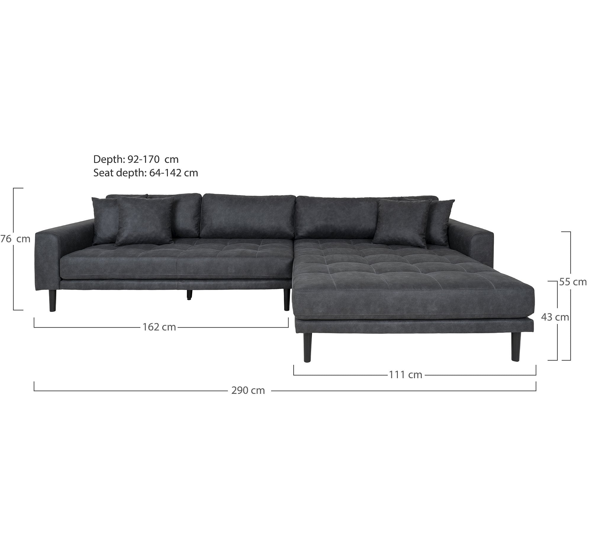 Lido Lounge Sofa - Lounge Sofa, Højrevendt I Mørkegrå Microfiber Med Fire Puder Og Sort Træben, Hn1000 ⎮ 5713917030279 ⎮ 1301612 