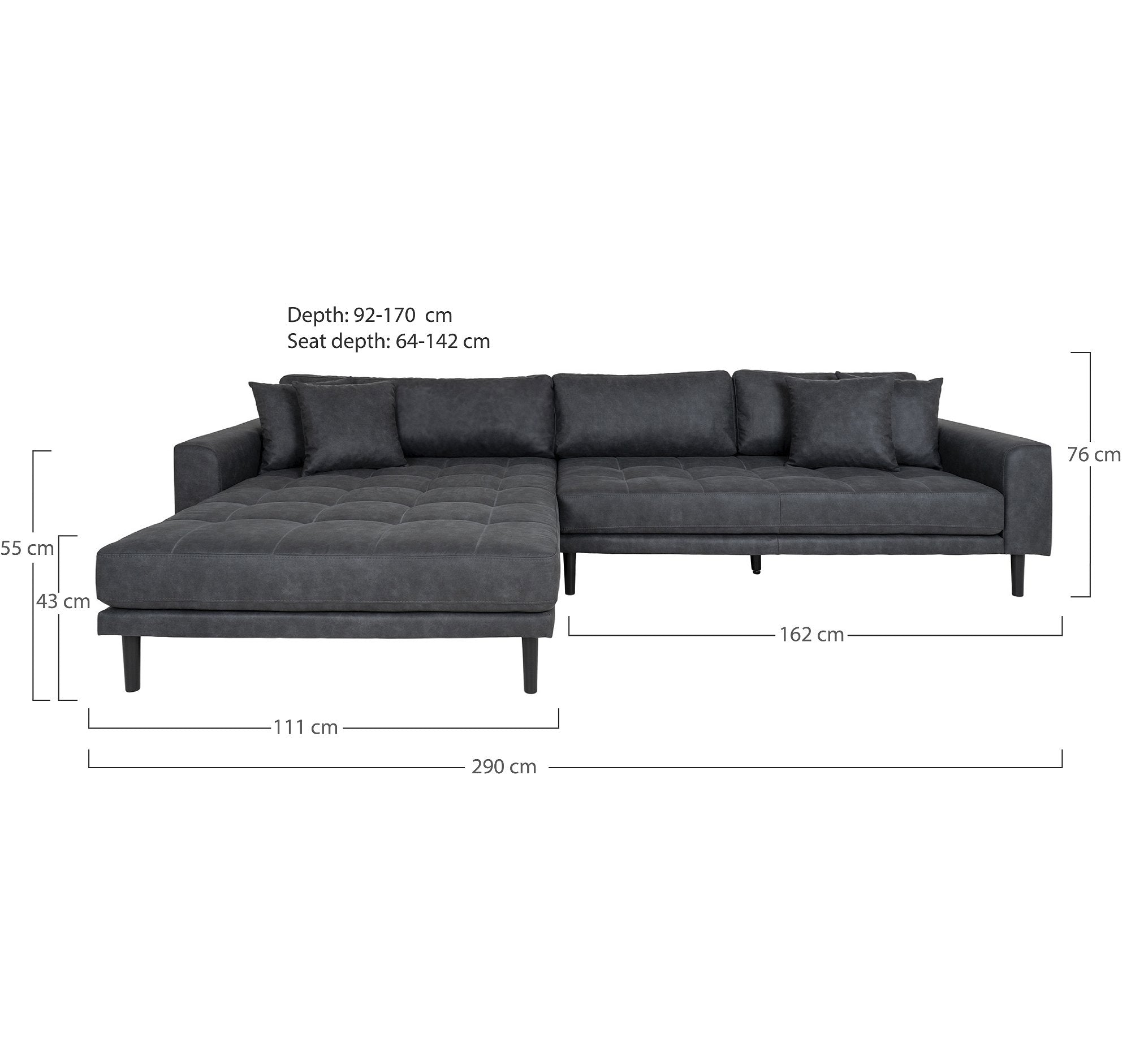 Lido Lounge Sofa - Lounge Sofa, Venstrevendt I Mørkegrå Microfiber Med Fire Puder Og Sort Træben, Hn1000 ⎮ 5713917030293 ⎮ 1301613 