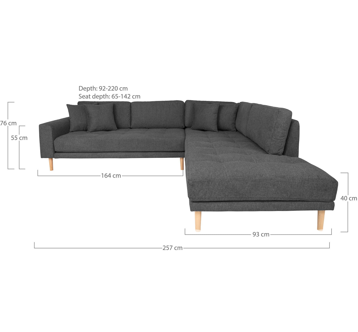 Lido Hjørnesofa Åben Ende - Hjørnesofa Åben Ende, Højrevendt I Mørkegrå Med Fire Puder Og Natur Træben Hn1045 ⎮ 5713917027927 ⎮ 1301652 