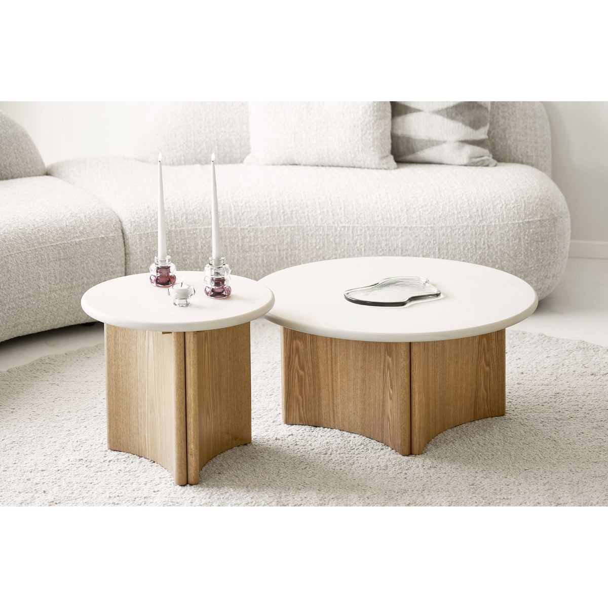 Motril Sofabordsæt Af 2  - Sofabordssæt, Cement/Askefiner, Hvid/Natur Ø80X37 &Amp; Ø50X45 Cm ⎮ 5713917052189 ⎮ 2101615-S 