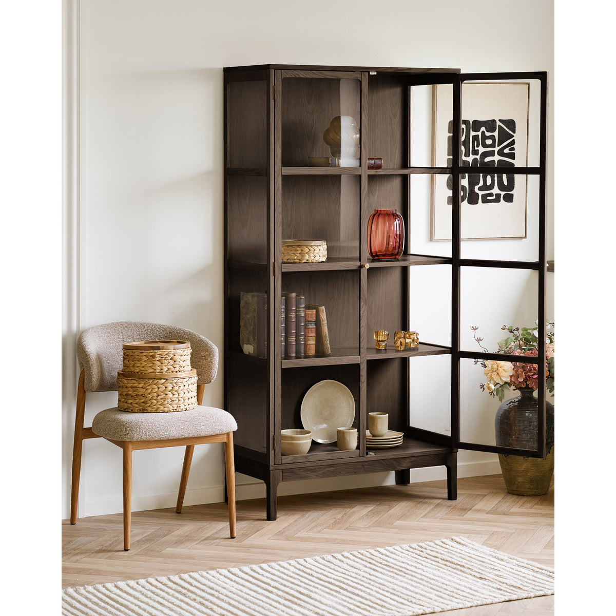 Zamora Vitrineskab - Vitrineskab, 2 Glaslåger, 3 Hylder, Eg/Egefiner/Hærdet Glas, Mørkebrun 40X90X180 Cm ⎮ 5713917047123 ⎮ 3001600