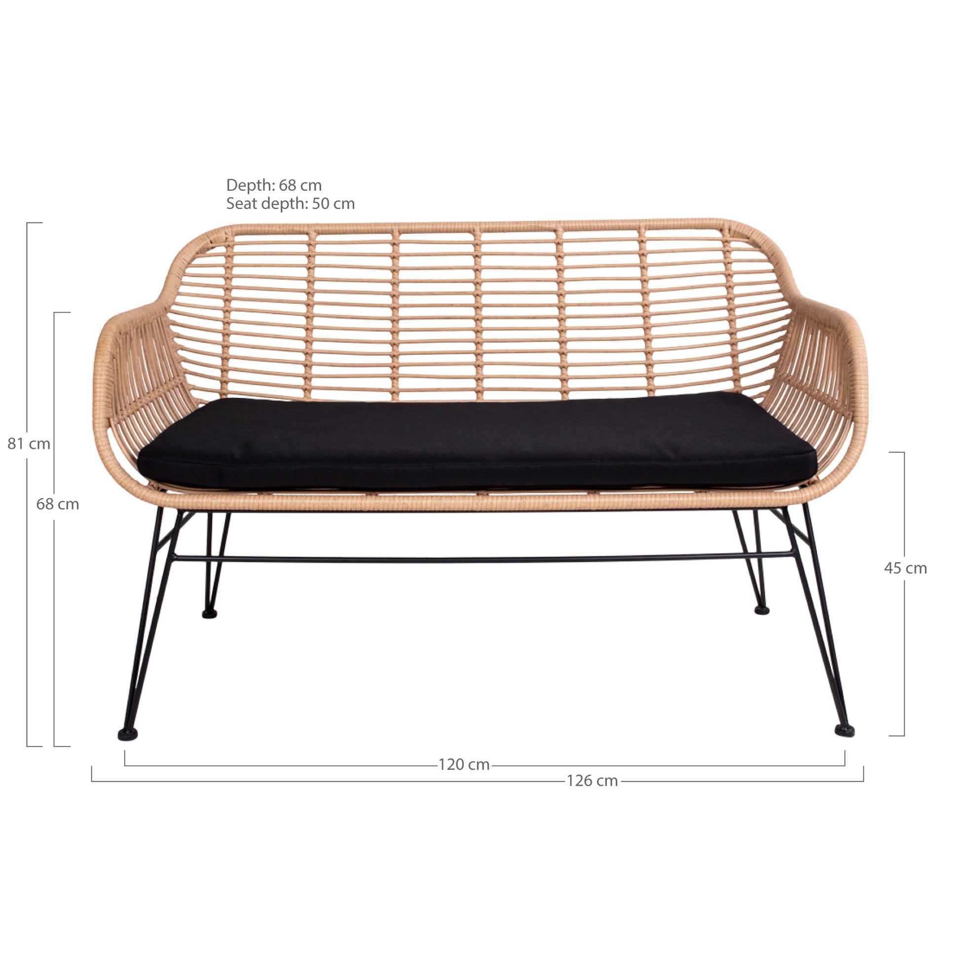 Trieste Sofa - Sofa I Polyrattan Med Hynde, Natur Med Sorte Ben ⎮ 5713917006786 ⎮ 7051010 